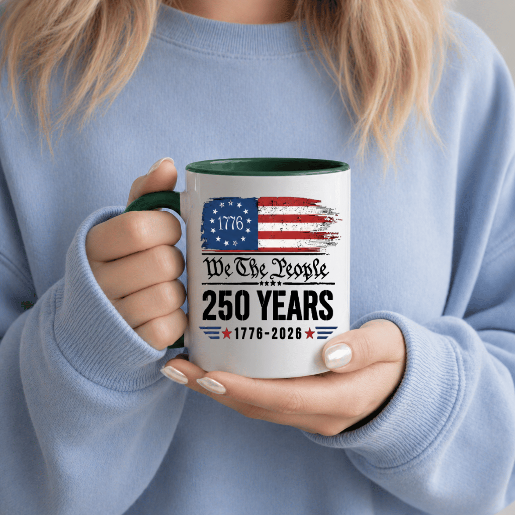 America 250 Years Accent Mug – 4th of July 1776-2026 Tee for Men Women, Distressed Flag Patriotic Design - back view